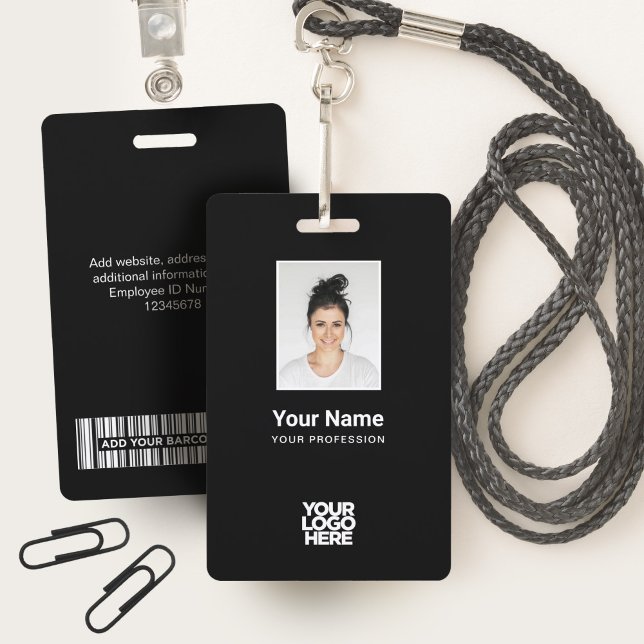 Badge Photo d'employé noir personnalisée, Code barre, Lo (Créateur téléchargé)