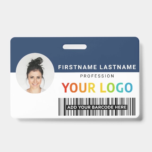 Badge Photo d'employé personnalisé, logo, nom, 2 codes-b (Avant)