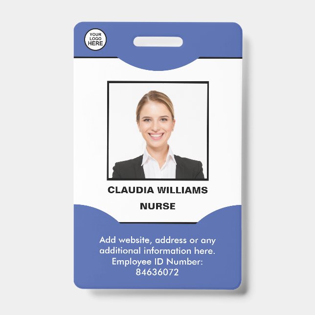 Badge Photo d'employé personnalisé, Nom , Logo, Code-bar (Avant)