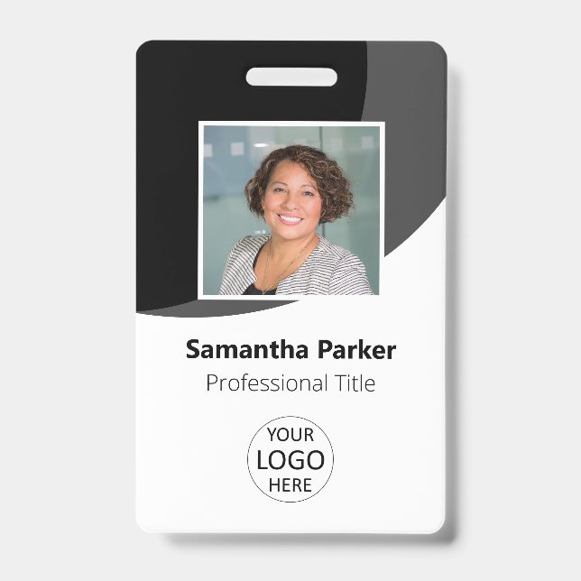 Badge Photo d'employé personnalisée en noir, Logo, Code- (Avant)