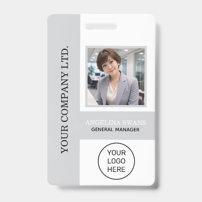 Badge Photo d'employé personnalisée, logo, nom, gris cla (Avant)