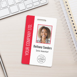 Badge Photo d'employé personnalisée, logo, nom rouge