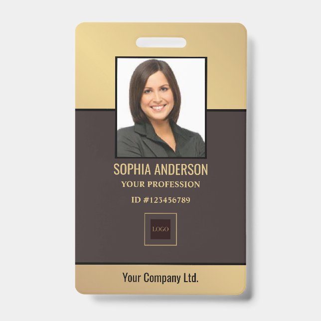 Badge Photo d'employé personnalisée Or Doré, Code-barres (Avant)
