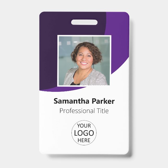 Badge Photo d'employé personnalisée violette, logo, code (Avant)