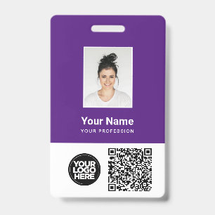 Badge Photo d'employé pourpre, code Qr et barre, logo, n