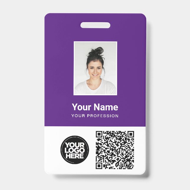 Badge Photo d'employé pourpre, code Qr et barre, logo, n (Avant)