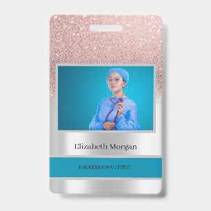 Badge Photo d'employé Rose Paillettes dorées, Argentées