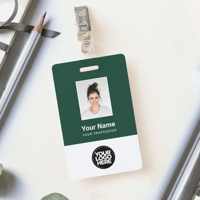 Badge Photo d'employé vert foncé personnalisée, Code bar (Créateur téléchargé)