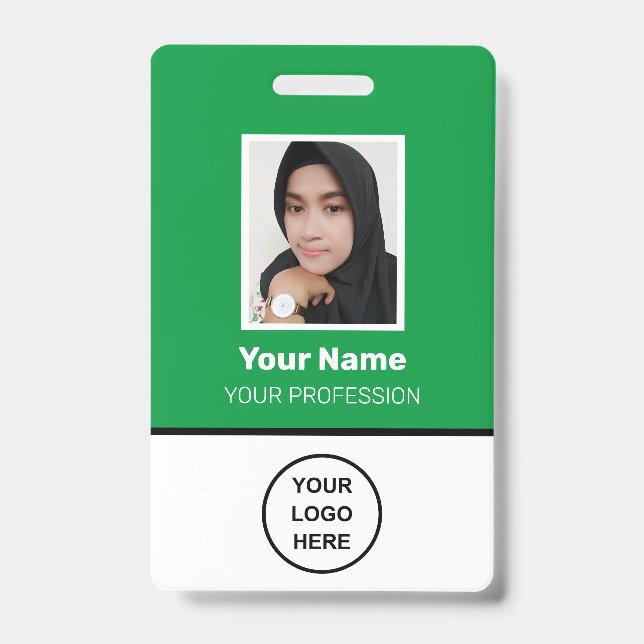 Badge Photo d'employé vert personnalisé, code-barres, lo (Avant)
