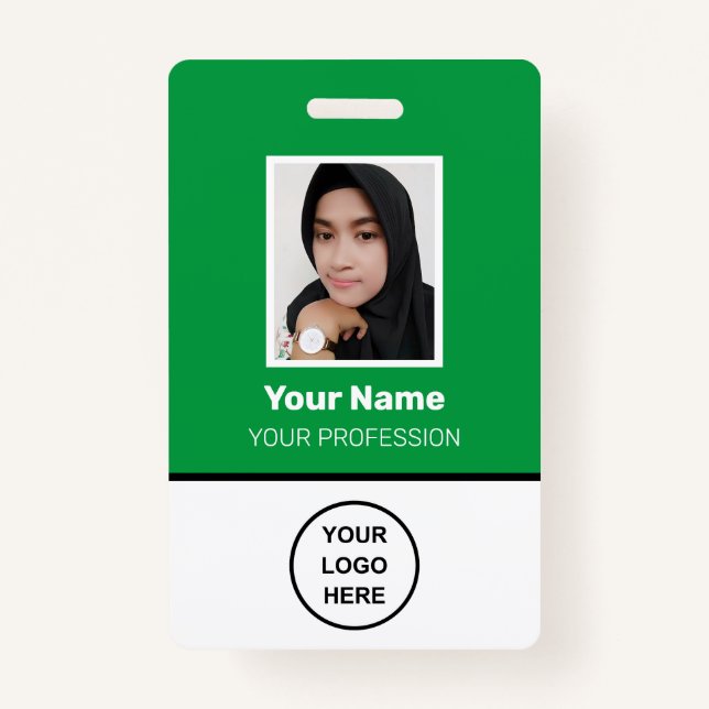 Badge Photo d'employé vert personnalisée, Code barre, Lo (Devant)