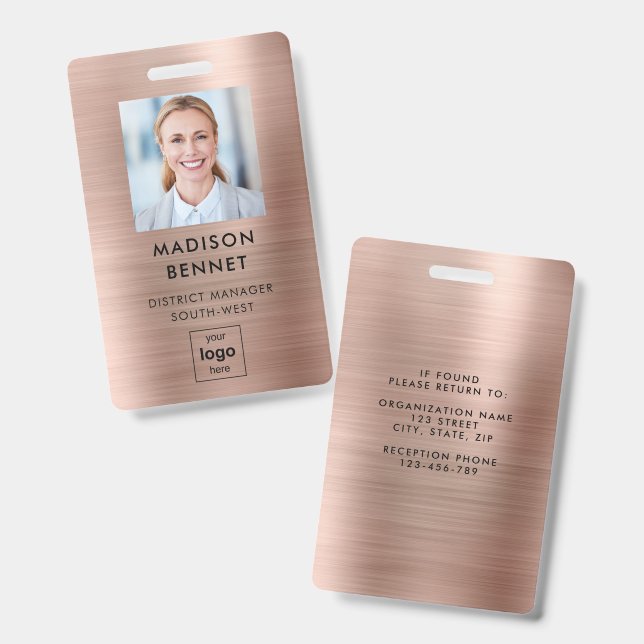 Badge Photo d'entreprise moderne Faux Rose Gold Metallic (Avant & arrière)