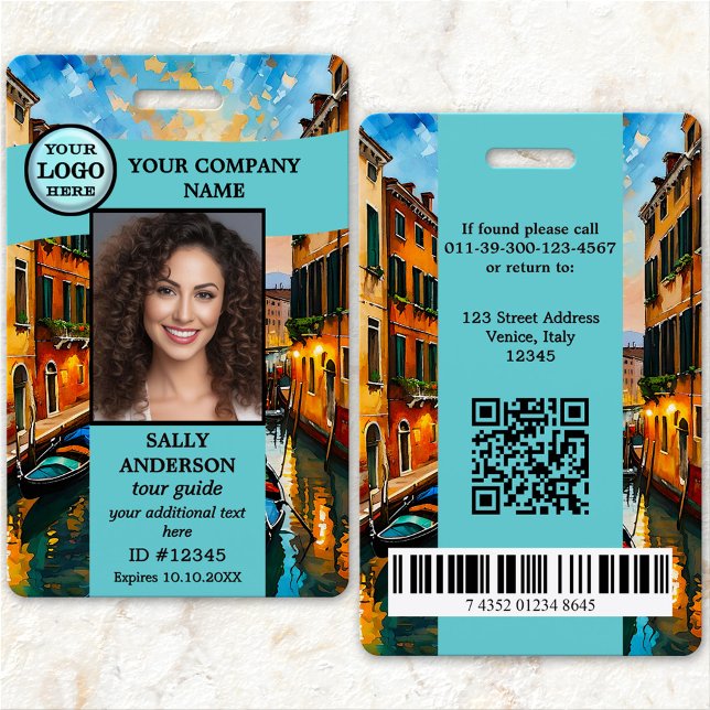 Badge photo d'identification de l'agence de voyage (Eye-catching travel or tour guide photo ID badge with space for your custom photo and logo)