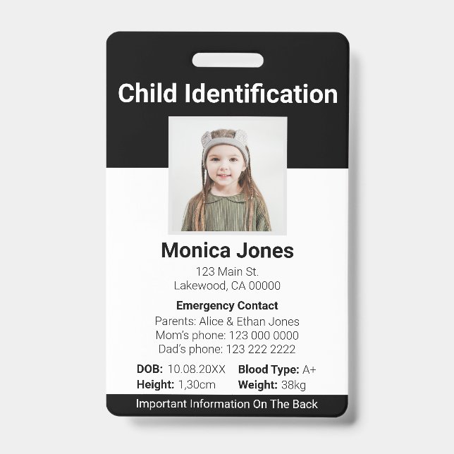 Badge Photo d'identification d'enfant noir (Avant)