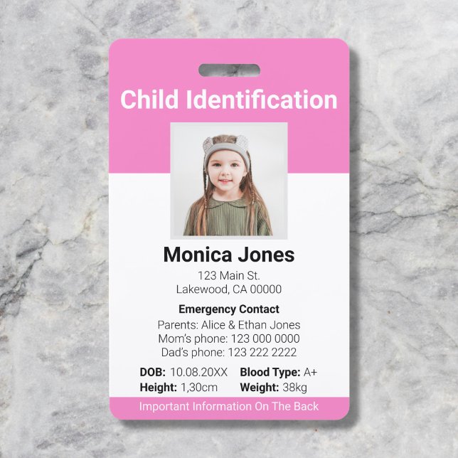Badge Photo d'identification d'enfant rose clair (Créateur téléchargé)