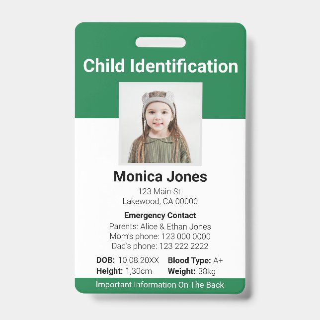 Badge Photo d'identification d'enfant vert (Avant)