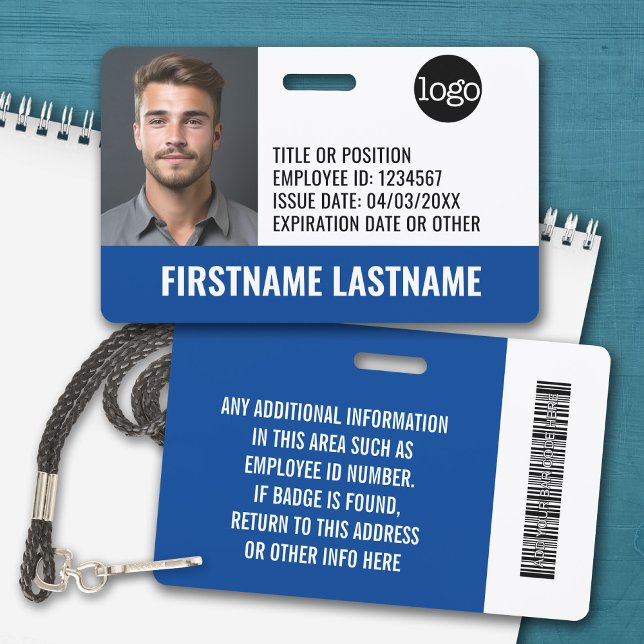 Badge Photo d'identité de l'employé essentiel, code-barr (Personalized Name Badge with Photo and Company Logo)