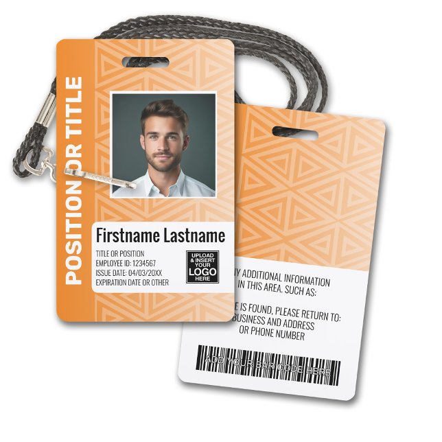 Badge Photo d'identité de l'employé - tribal moderne, co (Plastic ID Badge - Customize with Employee Photo and Credentials. Orange Tribal Pattern Accents)