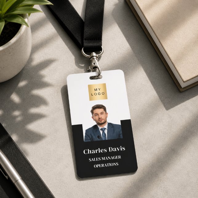 Badge Photo d'identité d'employé noir et blanc sécurité  (Créateur téléchargé)