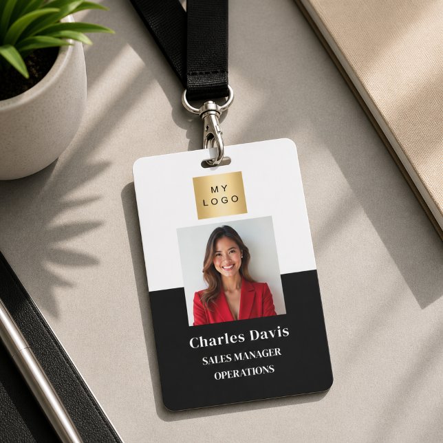 Badge Photo d'identité d'employé noir et blanc sécurité  (Créateur téléchargé)