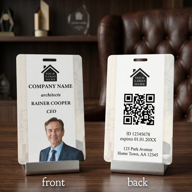 Badge Photo d'identité professionnelle d'architecte mode (Professional architecture photo ID badge with QR code and logo)