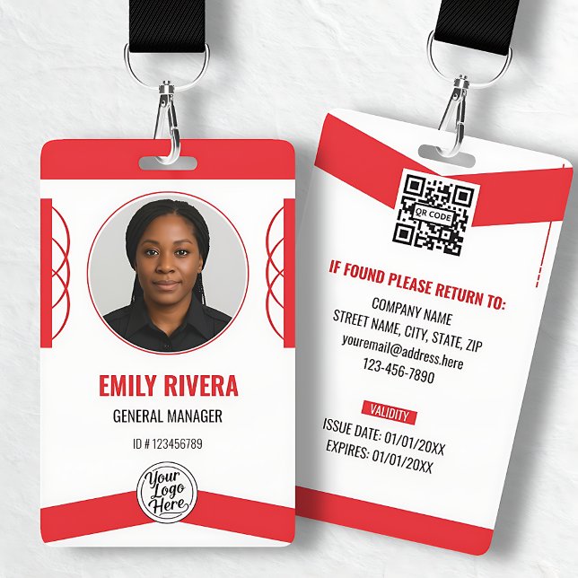 Badge Photo d'identité professionnelle moderne rouge bla (Modern Red White Corporate Staff Photo ID Badge)