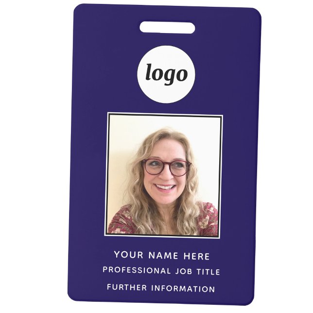 Badge Photo d'identité propre Nom Bleu Marine Profession (Simple logo with custom text business branding promotional photo ID badge in navy blue)