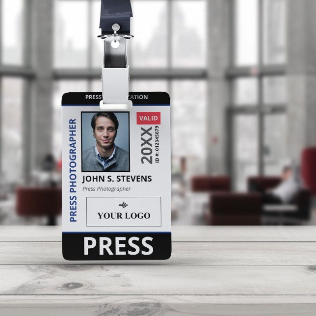 Badge Photo noir bleu et ID de presse avec logo plus gra (Créateur téléchargé)