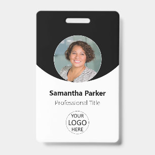Badge Photo personnalisé noir, logo, code-barres employé