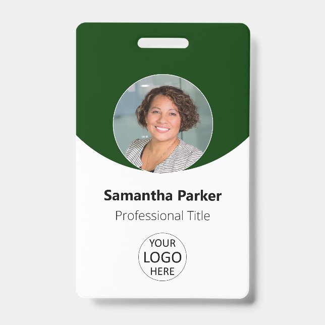 Badge Photo personnalisé vert, logo, code-barres employé (Avant)