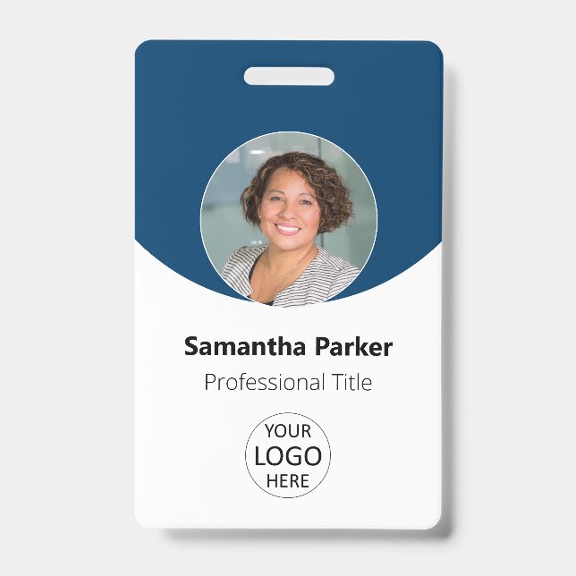 Badge Photo Personnalisée Bleue, Logo, Code Barque Emplo (Avant)
