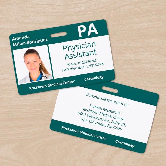Badge Photo personnalisée de l'employé Blue-Green Hospit (Custom Employee Photo Blue-Green Hospital ID Badge, front/back)