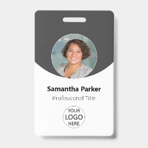 Badge Photo personnalisée en gris, logo, code barre Empl