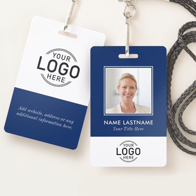Badge Photo personnalisée Logo Moderne Style Marine Bleu (Front and back side)