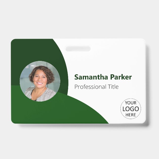 Badge Photo personnalisée verte, logo, code à barres emp (Avant)