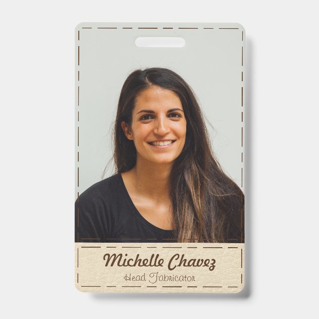 Badge Photo Professionnelle En Cuir Blanc Trait Faux (Front)