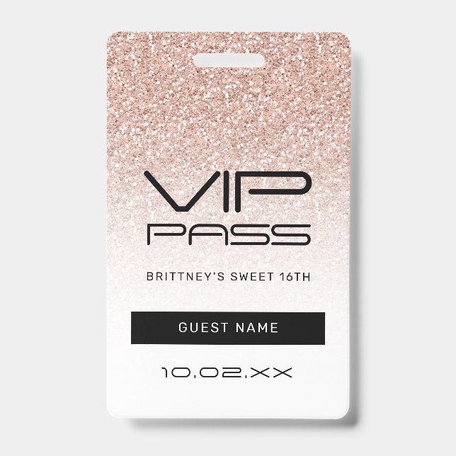 Badge Pink Ombre Parties scintillant Sweet 16th VIP Pass (Front)