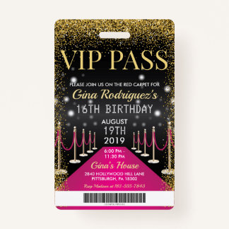 Badge Pink VIP Pass Hollywood Red Carpet Anniversaire