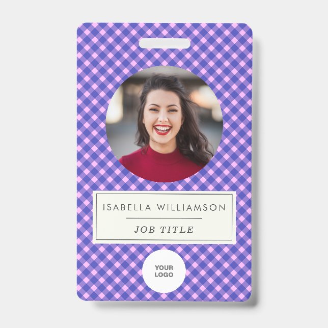 Badge Plaid violet rose ID photo d'employé d'entreprise (Avant)