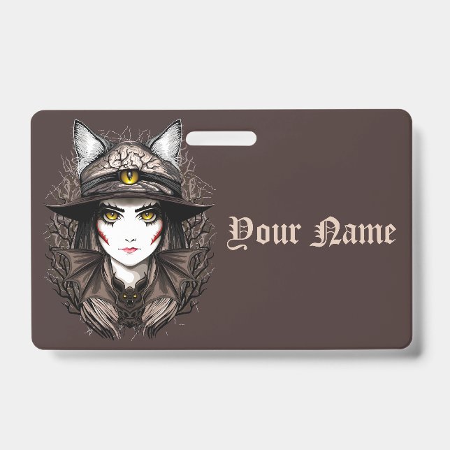 Badge Portrait de chat sorcière Halloween effrayant mign (Avant)