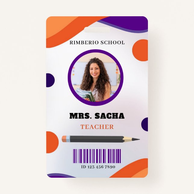 Badge Portrait d'enseignant moderne violet et orange (Devant)
