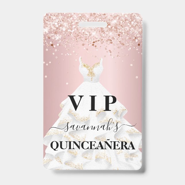 Badge Poussière de glitter rose blush Quinceanera nom vi (Avant)