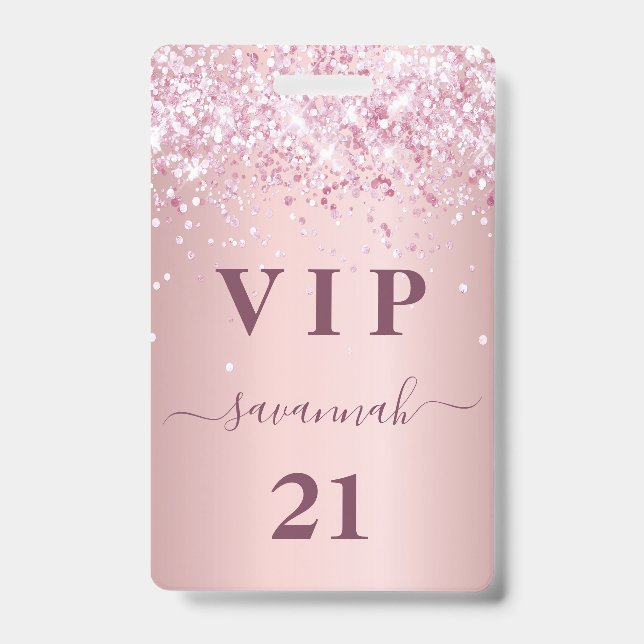 Badge Poussière de paillettes rose pour anniversaire vip (Avant)