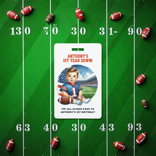 Badge Première année de bas Football Anniversaire VIP Pa (First Year Down Football Birthday VIP Pass Badge)