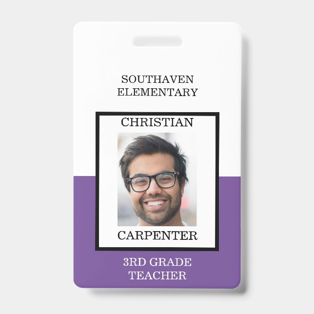 Badge Professeur de photo d'école violet et blanc (Avant)