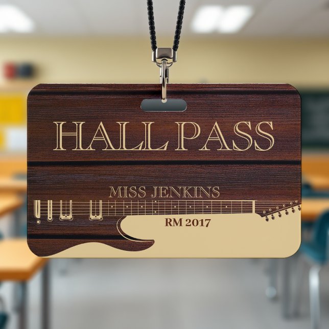 Badge Professeur d'école de musique de guitare en bois É (Wood Guitar Music School Teacher Student Hall Pass Badge
)