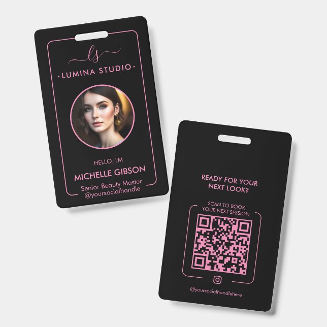 Badge Professionnel de Beauté Esthétique Nom ID Rose Noi (Avant & arrière)