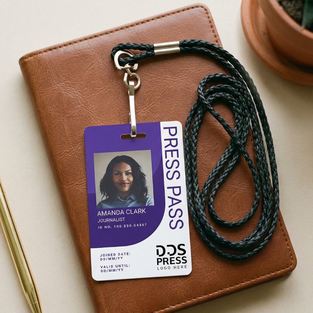 Badge Purple Modern & Minimal Press Pass ID photo (Purple Modern & Minimal Press Pass Photo ID Badge)