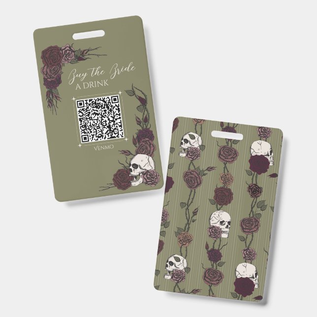 Badge QR Acheter Boisson de Mariée Crâne Vert Oliv (Avant & arrière)