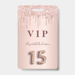 Badge Quinceanera rose gold gouttes roses
