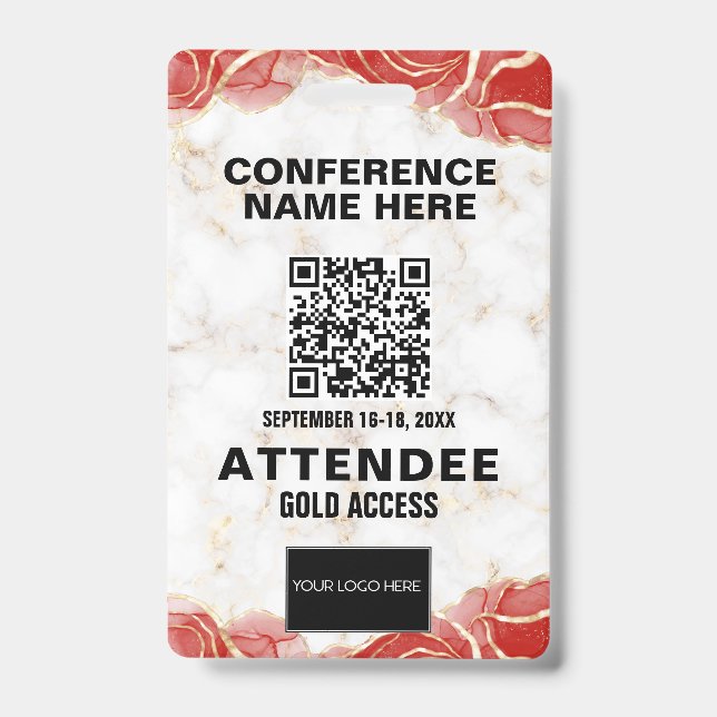 Badge Red Agate Gold Marble QR Code Conference Événement (Avant)